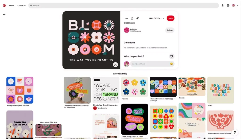Zrzut ekranu z aplikacji Pinterest przedstawiający pin z kolorowym plakatem typograficznym „Bloom the way you're meant to" od Dribbble – otoczony inspirującymi projektami graficznymi z dziedziny designu i ilustracji; materiał z Akademii Projektowania Weroniki Wolskiej.
