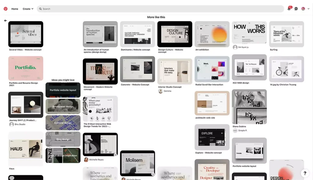 Zrzut ekranu z aplikacji Pinterest przedstawiający pin z projektem strony internetowej wystawy sztuki „Art Exhibition" – minimalistyczny design z gradientową grafiką; inspiracja z zakresu web designu i projektowania stron, zebrana przez Weronikę Wolską z Akademii Projektowania.