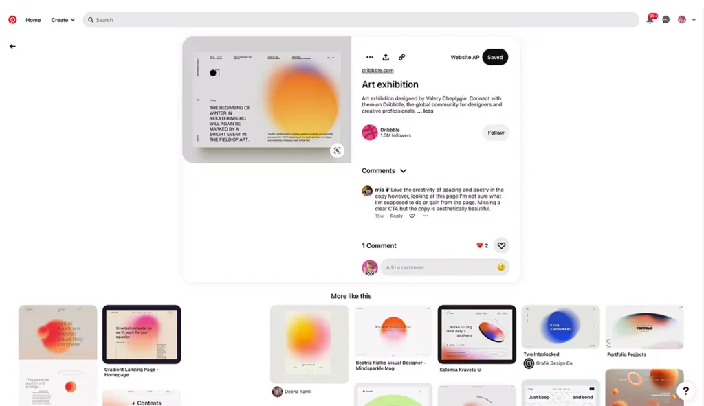Tablica w aplikacji Pinterest z kolekcją inspiracji web design – piny przedstawiające koncepty stron internetowych, układy portfolio, projekty edytorialne i typograficzne; źródło inspiracji dla projektantów stron i grafików, rekomendowane przez Weronikę Wolską z Akademii Projektowania.