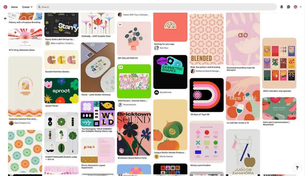 Widok tablicy w aplikacji Pinterest z kolekcją projektów graficznych – piny przedstawiające branding, typografię, ilustracje i packaging design w stylu retro i geometrycznym; inspiracje dla projektantów zebrane przez Weronikę Wolską z Akademii Projektowania.