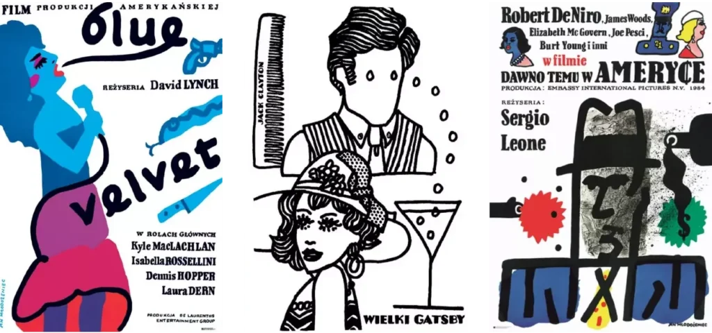 Trzy plakaty filmowe Jana Młodożeńca – przedstawiciela Polskiej Szkoły Plakatu: "Blue Velvet" Davida Lyncha, "Wielki Gatsby" oraz "Dawno temu w Ameryce" Sergio Leone – omawiane w Akademii Projektowania Weroniki Wolskiej.