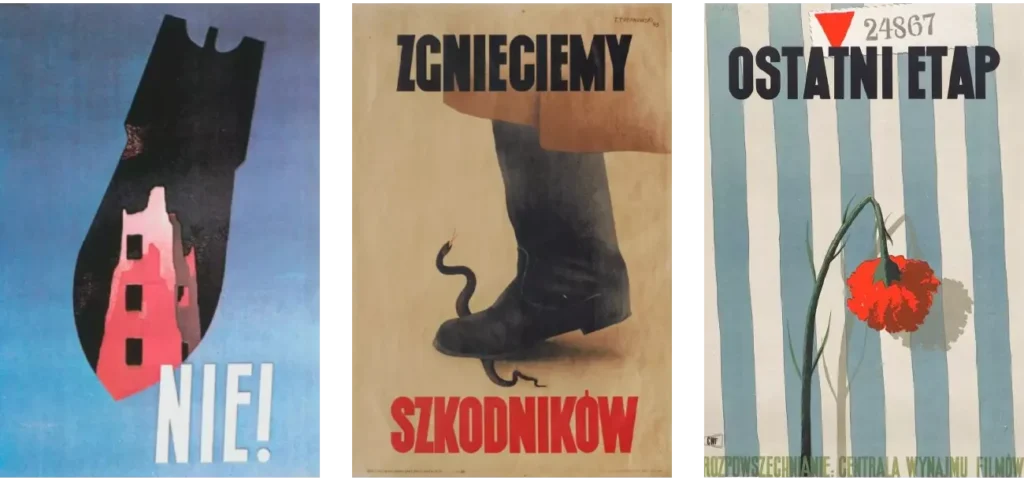 Polska Szkoła Plakatu. Trzy plakaty Tadeusza Trepkowskiego reprezentujące Polską Szkołę Plakatu: antywojenny plakat "Nie!", propagandowy "Zgnieciemy szkodników" oraz plakat filmowy "Ostatni Etap" – ikony polskiego projektowania graficznego omawiane w Akademii Projektowania Weroniki Wolskiej.