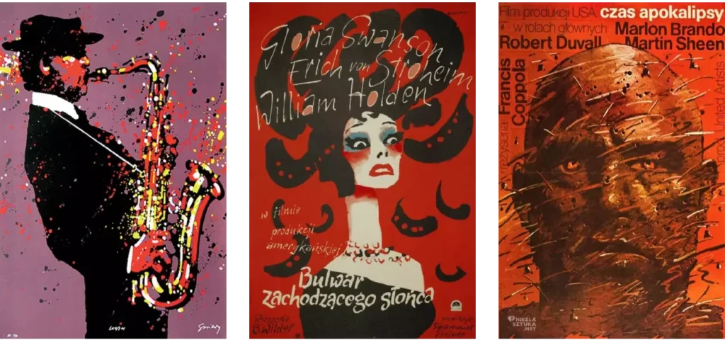 Polska Szkoła Plakatu. Trzy plakaty filmowe Polskiej Szkoły Plakatu autorstwa Waldemara Świerzego: plakat jazzowy z saksofonistą, plakat do filmu Bulwar Zachodzącego Słońca oraz Czas Apokalipsy – przykłady mistrzowskiego projektowania graficznego omawiane w kursie Akademii Projektowania Weroniki Wolskiej.