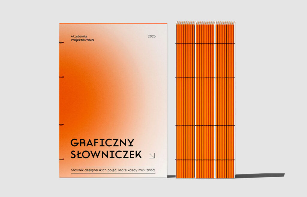 Graficzny Słowniczek – darmowy ebook Akademii Projektowania Weroniki Wolskiej, okładka z pomarańczowym gradientem