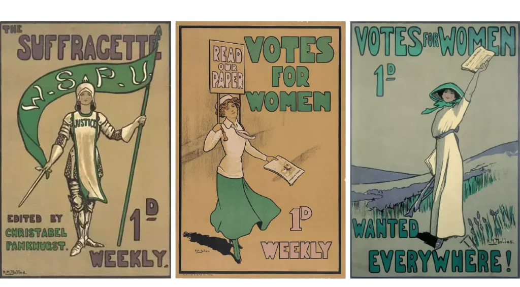 Hilda M. Dallas, brytyjska projektantka graficzna XX wieku – plakaty sufrażystek WSPU z lat 1909–1912.