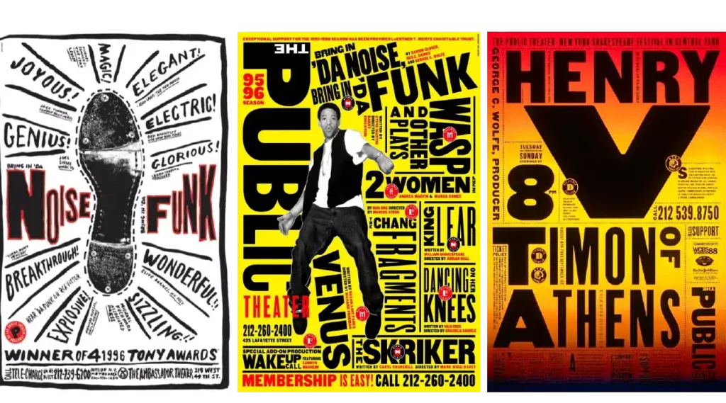 Paula Scher, amerykańska projektantka graficzna XX wieku – ekspresyjne plakaty typograficzne dla The Public Theater w Nowym Jorku.
